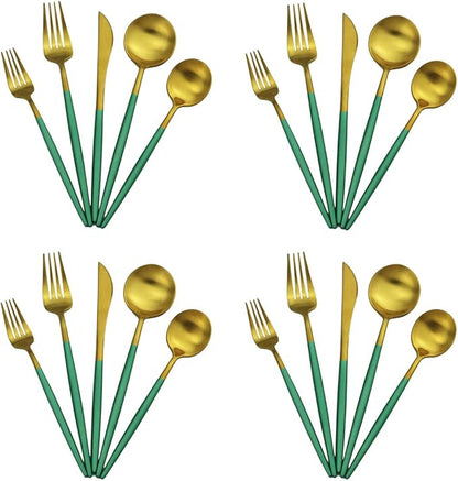 Gugrida 20-Piece 18/10 Stainless Steel Flatware Silverware, Luxury Dinnerware Set Travel Cutlery Tableware Include Knife Fork Spoon Service for 4, Dishwasher Safe (Green Handle Matte Gold)