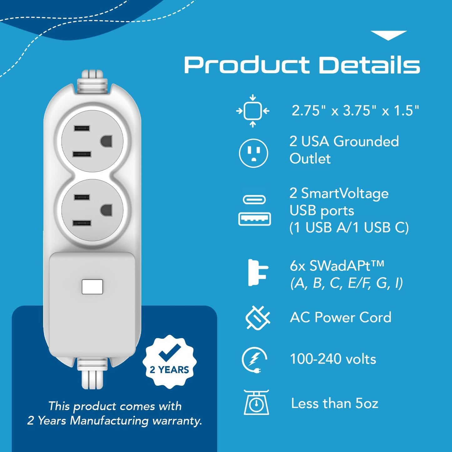 Ceptics Travel Power Strip W/ Adapter Plug Set - Equipped with USB, Type C for iPhone, Chargers, Cell Phones, Laptop - Plugs for Europe, Asia, China, USA, Africa, South America PS-2U