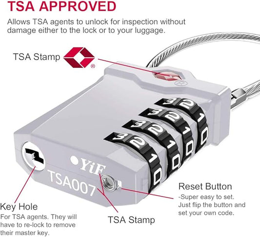 ZHEGE TSA Approved Lock, 4 Digit Cable Luggage Lock, Travel Lock with White Number, Flexible TSA Cable Lock for Suitcase, Gym Locker, School Locker, Easy to Read (1 Pack, Sliver)