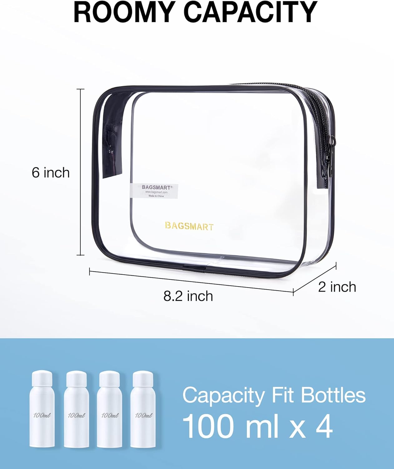 BAGSMART Clear Toiletry Bag, 3 Packs TSA Approved Water resistant Quart Size Travel Organizer, Airport Airline Travel Essential Carry On Makeup Cosmetic Bags for Women, Black