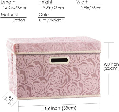 PRANDOM Collapsible Storage Boxes with Lids [5-Pack] Fabric Decorative Storage Bins Cubes Organizer Containers Baskets with Cover Handles Divider for Bedroom Closet Living Room Pink 14.9x9.8x9.8 Inch