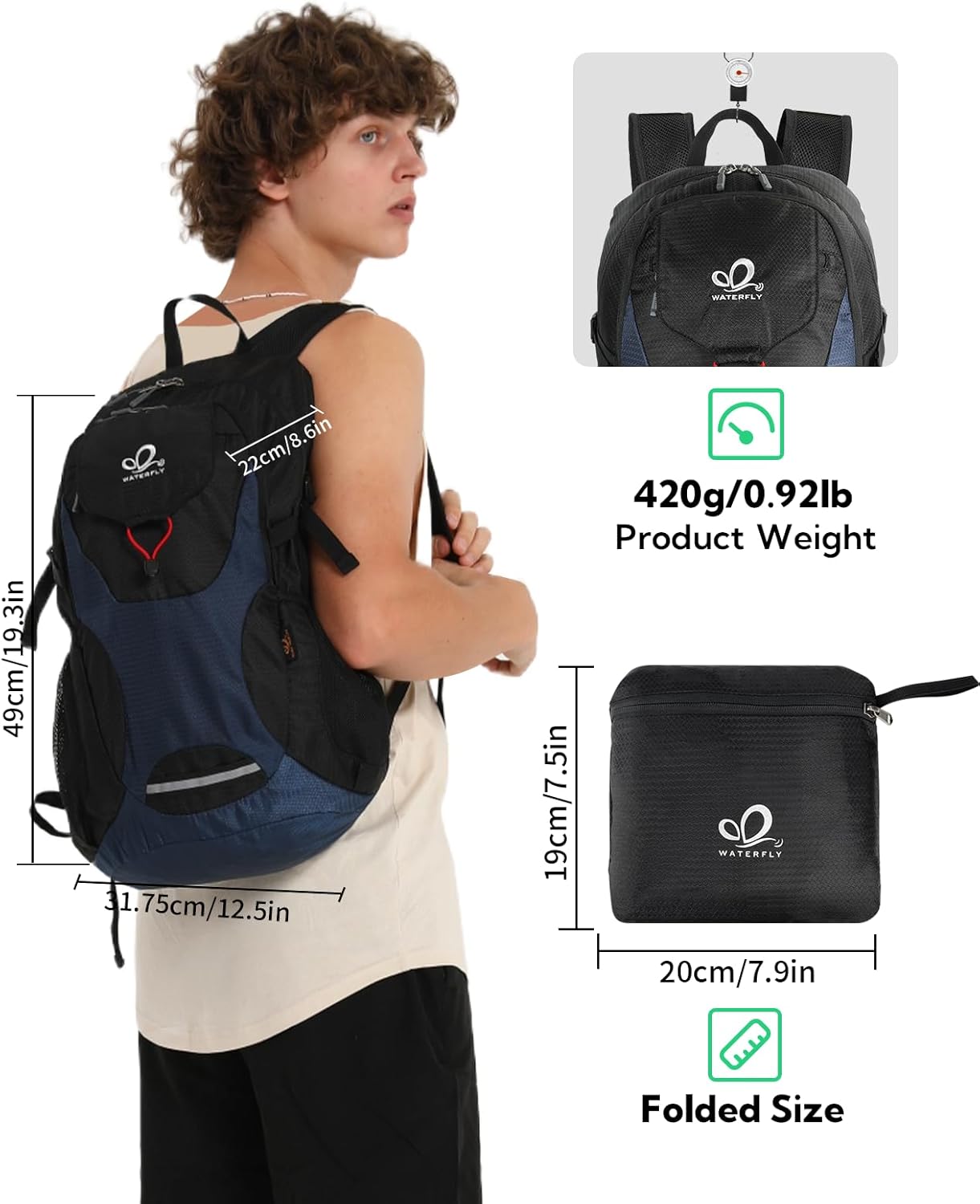 WATERFLY Lightweight Packable Hiking Backpack: 30L Foldable Travel Daypack Ultralight Camping Day Pack for Woman Man