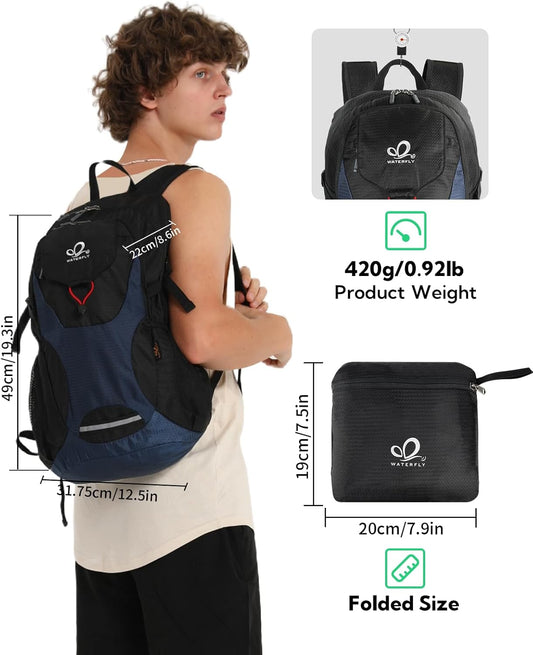 WATERFLY Lightweight Packable Hiking Backpack: 30L Foldable Travel Daypack Ultralight Camping Day Pack for Woman Man