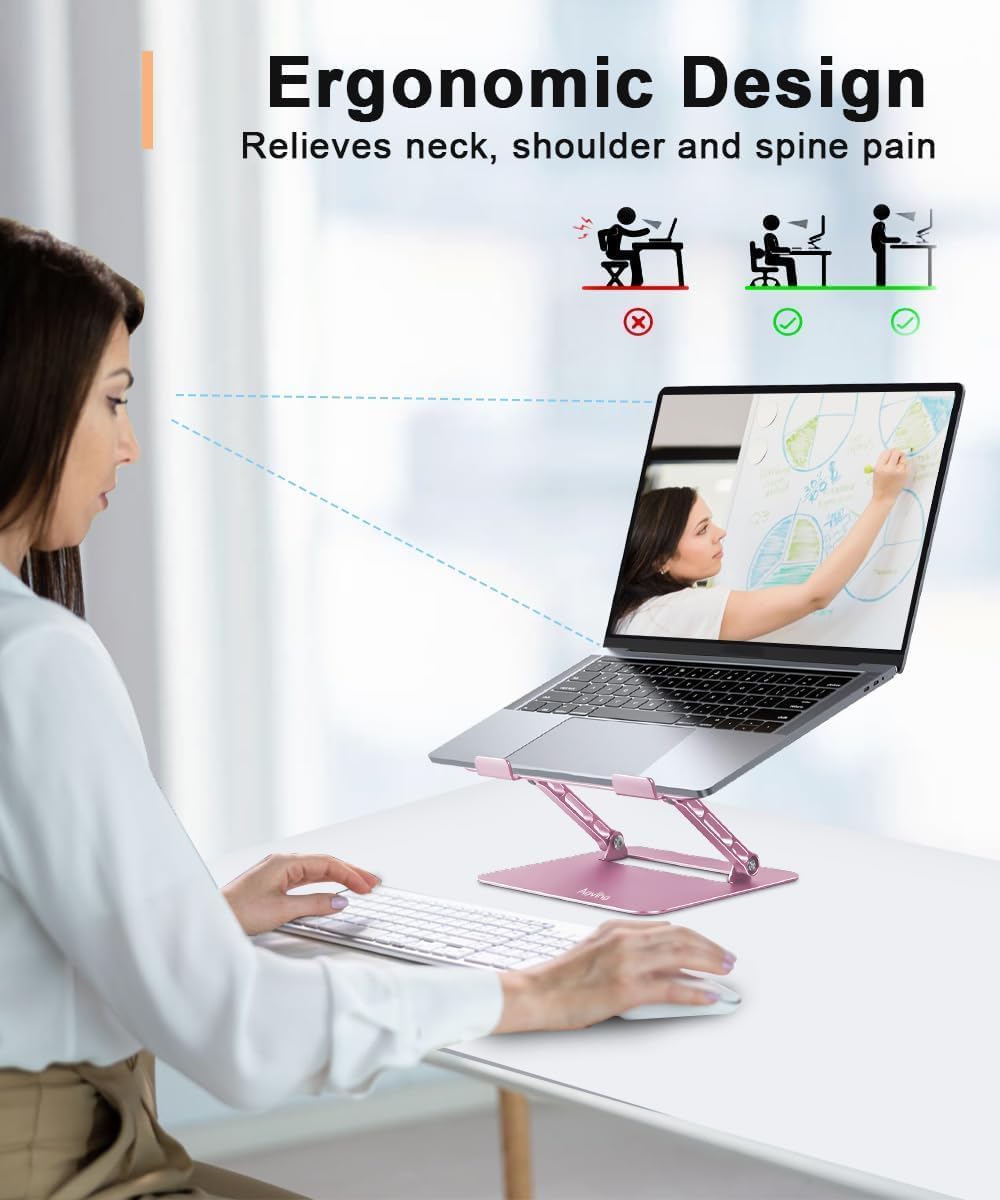 Laptop Stand Holder, Adjustable Desk Laptop Riser, Foldable Notebook Computer Stands for MacBook Air Pro HP Lenovo Dell Samsung Chromebook, Up to 15.6 inch, Rose Gold