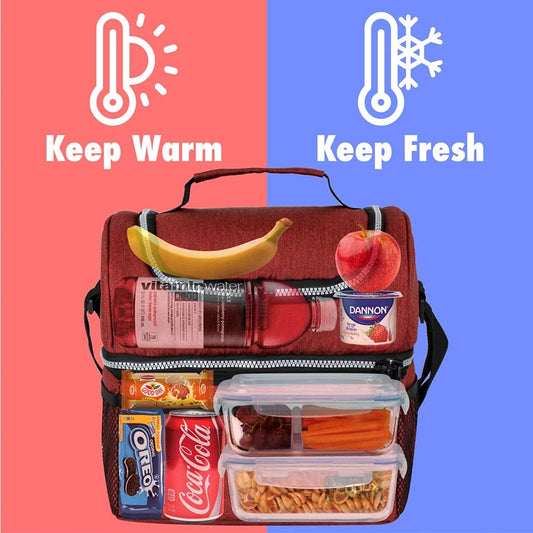 OPUX Lunch Box For Men Women, Insulated Large Lunch Bag Adult Work, Double Decker Lunchbox Meal Prep, Dual Compartment Leakproof Lunch Cooler, Soft Lunch Pail Tote Boys Girls Kids School, Red 16 Cans