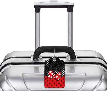 2 Pack Luggage Tags for Suitcase,Mouse Red Bow PU Leather Travel Luggage Tag with Privacy Flap, Name ID Label and Metal Loop for Women Men Suitcase Baggage Bag Backpack