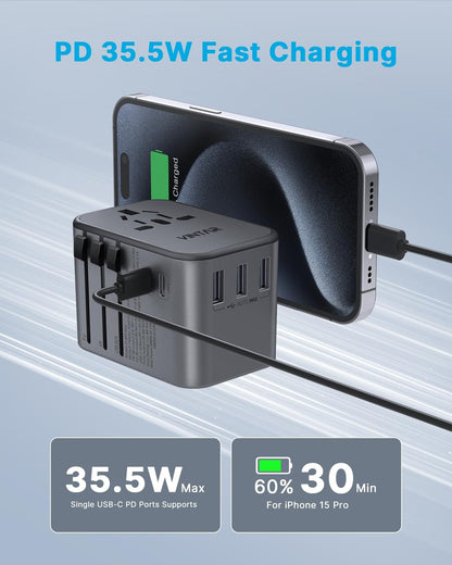 Universal Travel Adapter, VINTAR 35.5W International Power Adapter with 3 USB A QC and 2 USB C PD, All in One Plug Adapter Worldwide Travel Essentials for EU/UK/USA/AUS(Type C/G/A/I), Silver