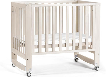 EvoNest Baby Crib, 6 in 1 Convertible Mini Crib with Wheels, 100% New Zealand Wood Growing Bed, 4 Adjustable Mattress Height， Washed Natural