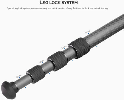 Leofoto 58" Lightweight Carbon Fiber Travel Tripod, Professional Compact Tripod for Camera DSLR Video, Max Load 55Lbs/25KG (LS-364CX)