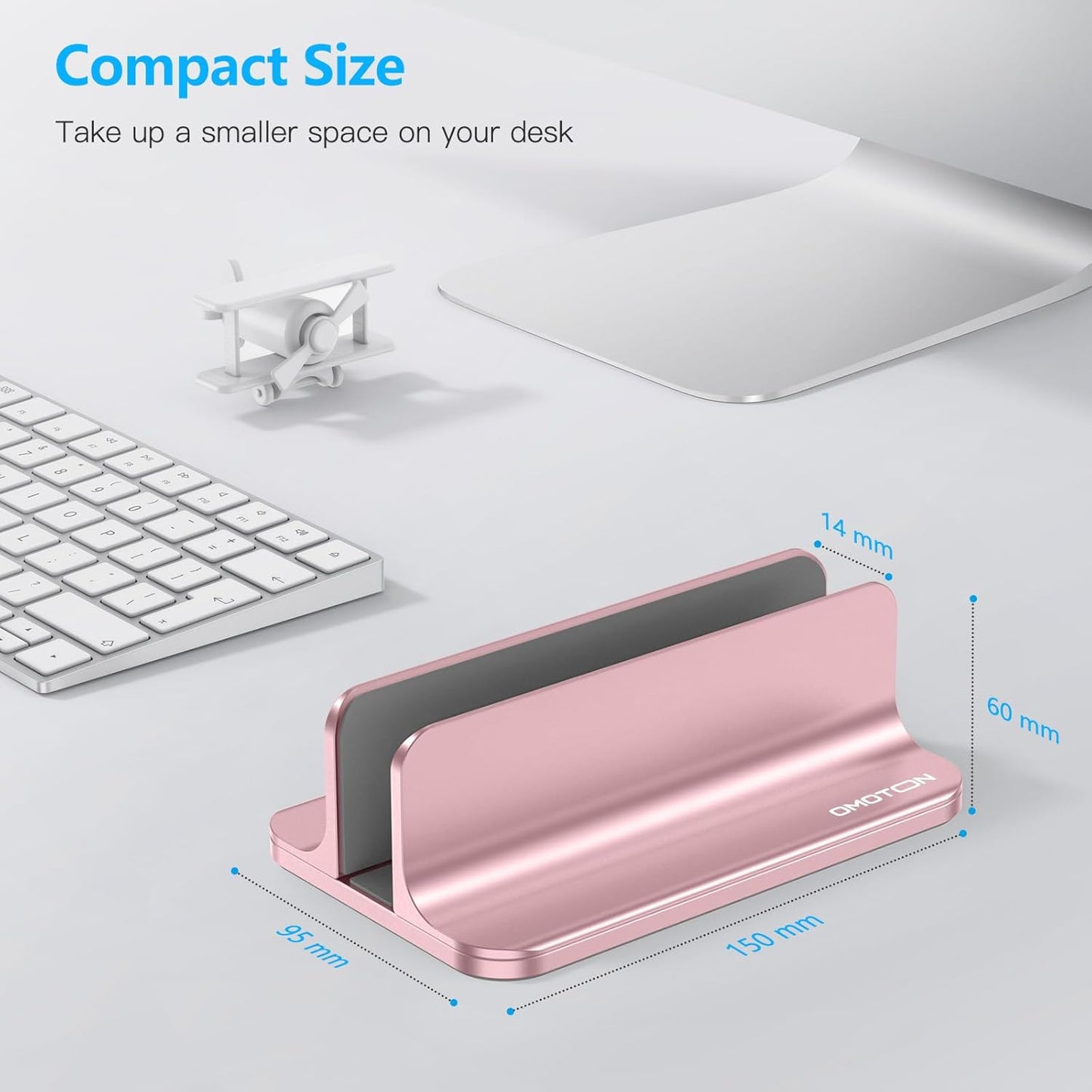 OMOTON Vertical Laptop Stand Holder, Desktop Aluminum Stand for MacBook with Adjustable Dock Size, Fits All MacBook, Surface, Chromebook and Gaming Laptops (Up to 17.3 inches), Rose Gold