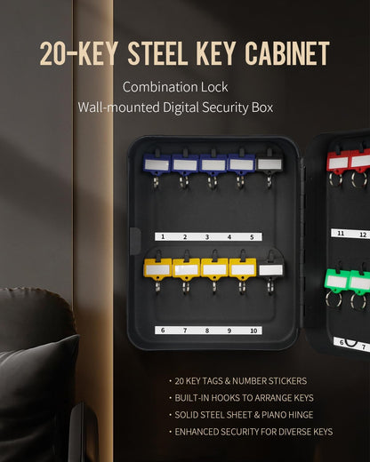 Uniclife 20 Position Key Cabinet with Combination Lock Resettable Black Digital Security Storage Box Steel Key Organizer with Colorful Key Tag Labels Stickers and Hooks