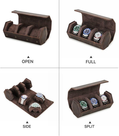 Genuine Leather Watch Roll Travel Case, Vintage Full Grain Leather Hexagon Watches Storage Organizer with Display Removable Pillows & Solid Dividers for Home Storage &Display(3 Slots)