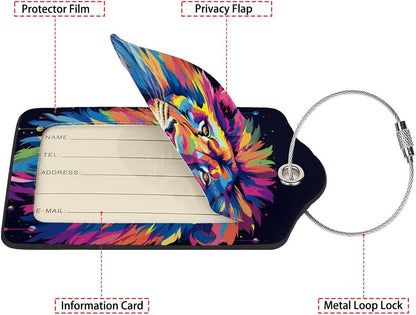 Rainbow Lion Head 2 Pack Luggage Tag for Suitcase, Leather Bag Tags Identifiers Privacy Cover ID Label with Steel Loop for Women Men Kids Girls Travel