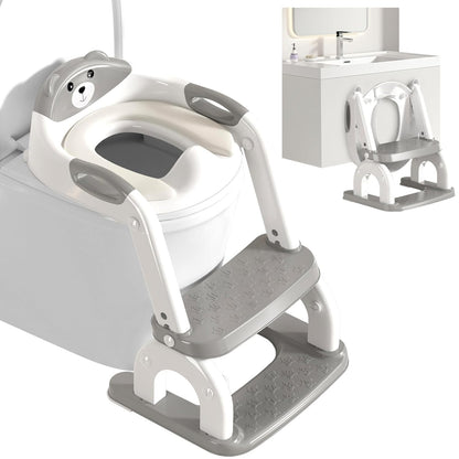 Potty Training Seat for Toddlers - Upgrade 2-in-1 Toilet Seat Toilet Ladder for Kids Children Boys Girls, Anti-Slip Pad & Adjustable Height with Waterproof PVC Cushion - Grey