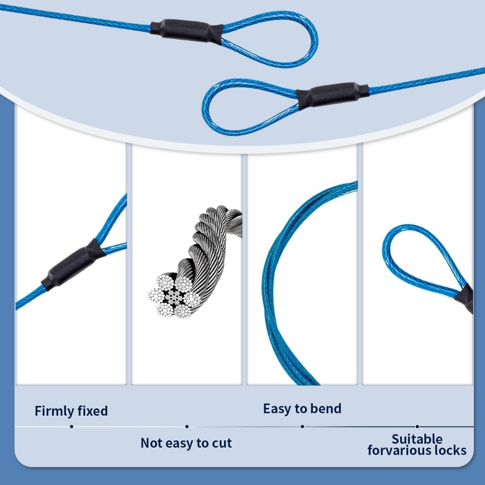 3.3mm (1/8 Inch) Outdoor Travel Stainless Steel Security Cable-15ft Luggage Lock Safety Wire Flexible Steel Wire Rope with Double Loop Safety for Luggage, Bike, Lock (Blue, 15ft-(1Pack)