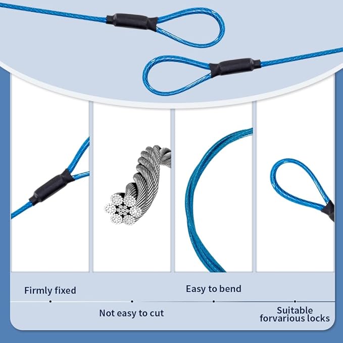 3.3mm Steel Wire Rope Outdoor Travel Security Cable Lock,Braided Steel Coated Safety Cable Luggage Lock,Safety Cable Wire Rope Chain Lock Double Loop Lightweight (Blue, 24in/2Pcs)