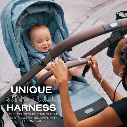 Cybex Balios S Lux Toddler and Baby Stroller with Reversible Seat, Unique One-Pull Harness, and Multiple Recline - Travel System Ready, with One Hand Fold, Silver Frame/Ocean Blue Seat