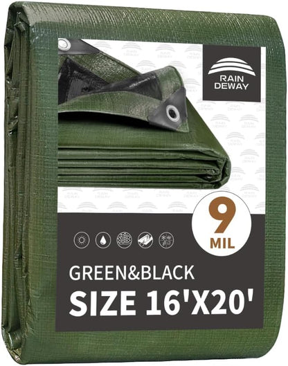 16x20 Feet Tarp Waterproof,9Mil Thick,Finished Size Tarps,UV Resistant,Durable,Multipurpose Poly Tarp Cover with Metal Grommets and Reinforced Edges,Green/Black by RAINDEWAY