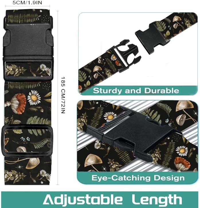 Luggage Straps for Suitcases Travel Belt Accessories, Cute Suitcase Strap, Adjustable Luggage Belt Strap, Heavy Duty with Quick-Release Buckle Luggage Strap Boho Mushrooms
