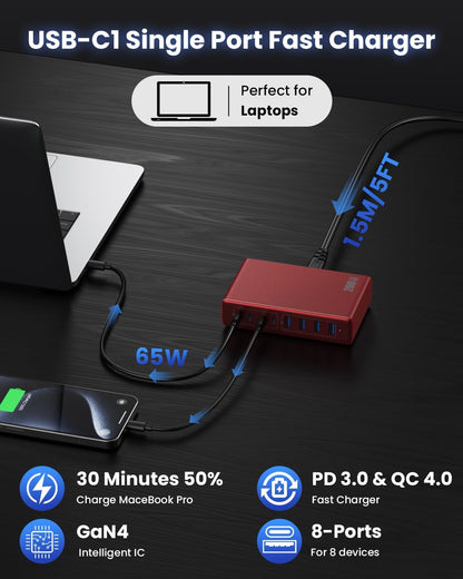 200W USB C Charger Block,GaN IV Charging Station 8 Ports,QC4.0 Fast Charging Station Hub+PD 65W USB C Laptop Charger Adapter Compatible with MacBook Air/Pro,DELL,iPhone 16/15,iPad,Steam Deck-Red