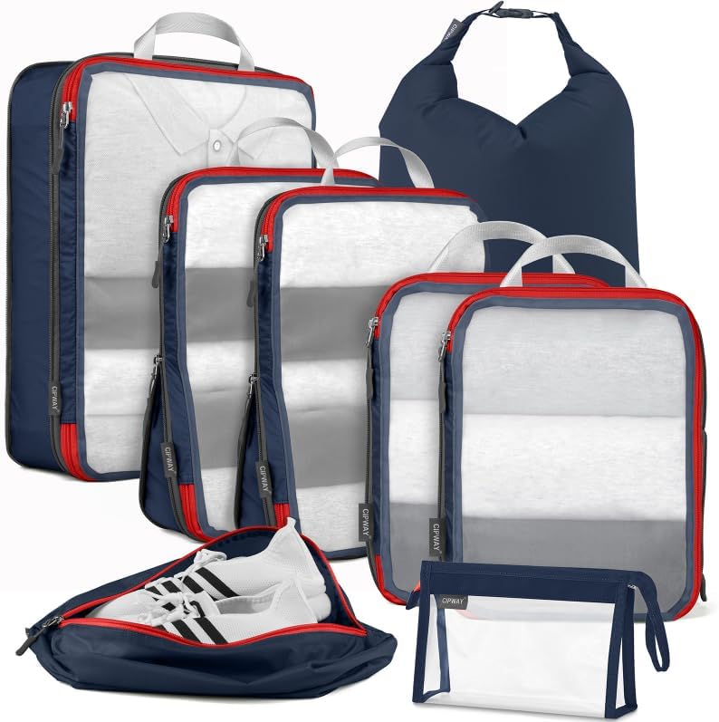 Cipway Compression Packing Cubes Mesh, Lightweight Luggage Organizer Bags with Laundry Bag,Toiletries Bag and Shoe Bag, Travel Essentials for Carry on Suitcase（8Pcs,Blue）