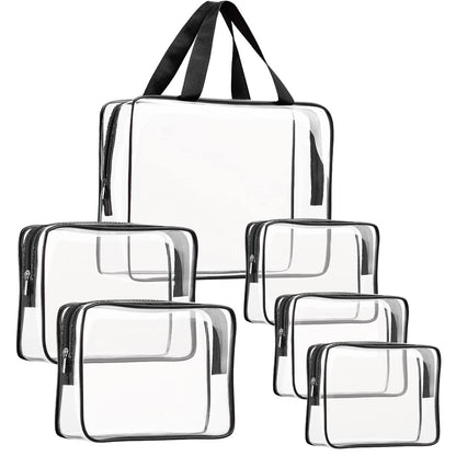 6Pcs Crystal Clear PVC Travel Toiletry Bag Kit for Women Men, Waterproof Vinyl Packing Organizer Storage Bags with Zipper Handle Straps, Cosmetic Pouch Carry on Airport Airline Compliant Bag Handbag