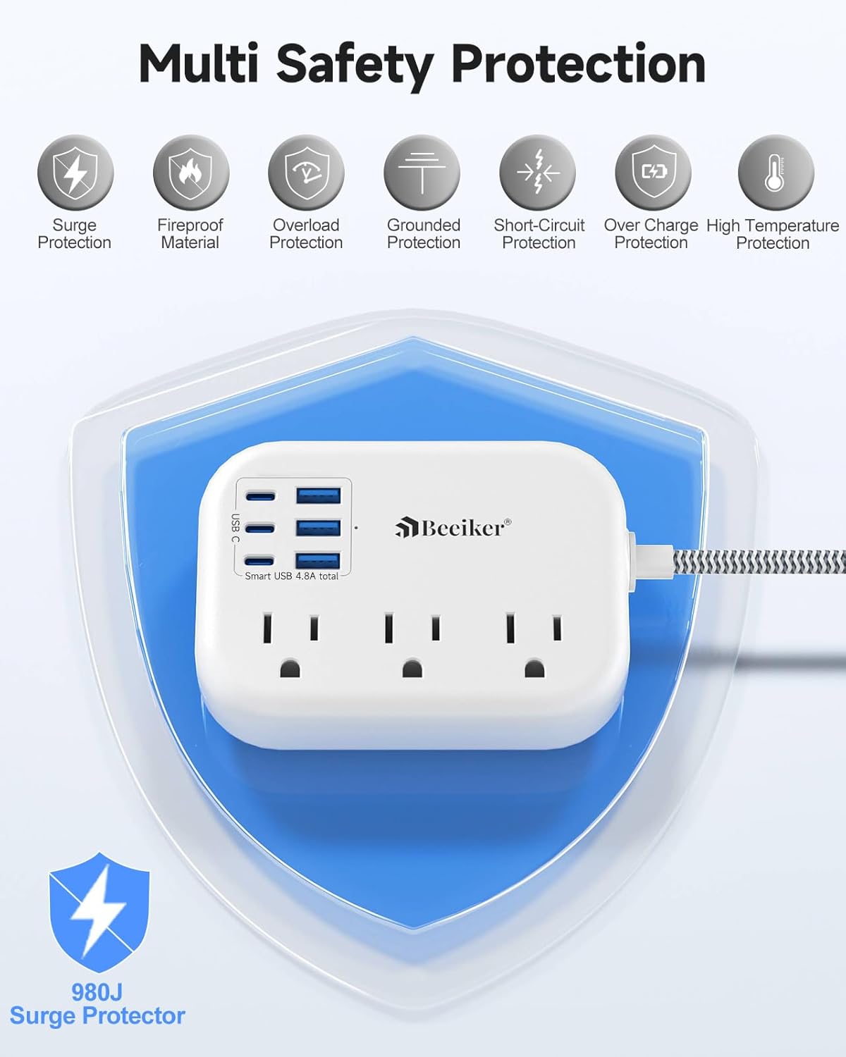 Short Extension Cord 1 Ft- 6 USB(3 USB C) Travel Power Strip with 24W USB Charging Station and 3 Outlets, 1Ft Small Flat Plug Extension Cord Surge Protector for Travel Home College Dorm 1625W