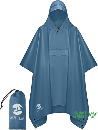 SaphiRose Extra Thick Hooded Rain Poncho Double Layer Waterproof Raincoat Jacket for Men Women Adults