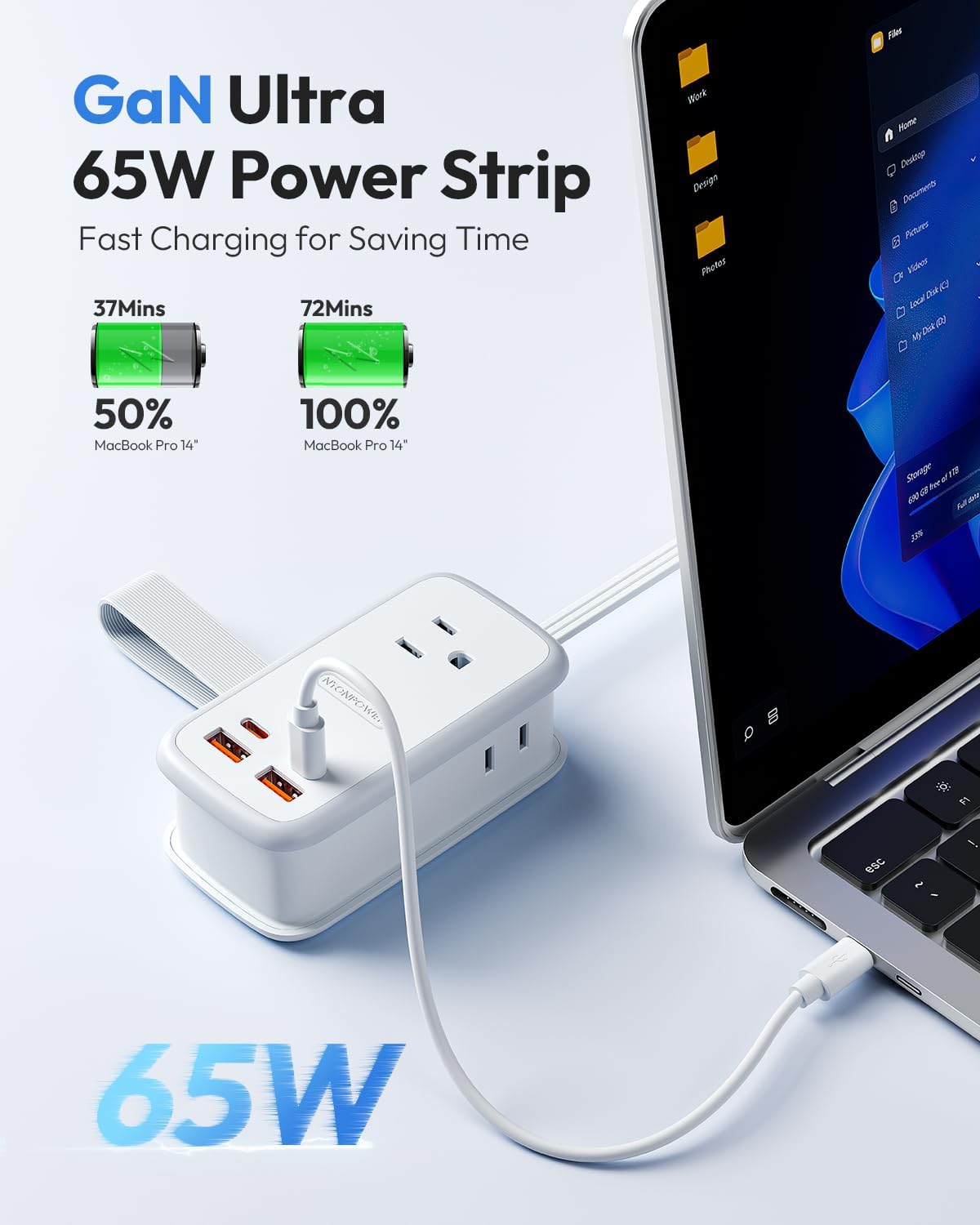 NTONPOWER GAN Ultra 65W USB Charging Station, 7 in 1 Travel Power Strip with 3 Outlets 4 USB (2 USB C), Extension Cord 4ft, Travel Essentials, Cruise Power Strip Compatible with MacBook, iPhone, White