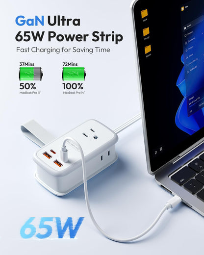 NTONPOWER GAN Ultra 65W USB Charging Station, 7 in 1 Travel Power Strip with 3 Outlets 4 USB (2 USB C), Extension Cord 4ft, Travel Essentials, Cruise Power Strip Compatible with MacBook, iPhone, White