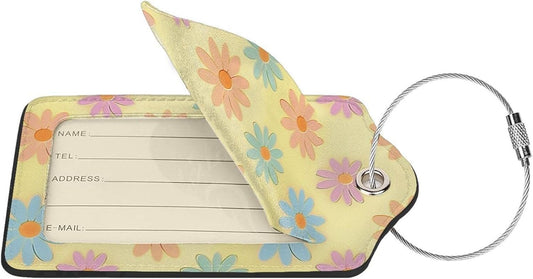 Flowers Leather Luggage Tag with Stainless Steel Ring, Fun Name Id Card Cover Travel Bag Tag Set, Suitable for Travel Bag Luggage Women Men 1 PCS