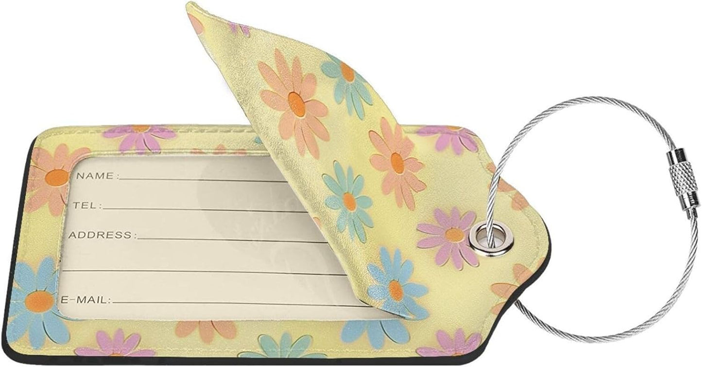 Flowers Leather Luggage Tag with Stainless Steel Ring, Fun Name Id Card Cover Travel Bag Tag Set, Suitable for Travel Bag Luggage Women Men 4 PCS