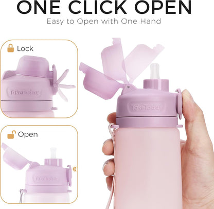 TakeToday Collapsible Water Bottles 20oz, Leak Proof, BPA-Free, Foldable Silicone Travel Water Bottle with Straw Strap for Cycling, Hiking, Outdoors