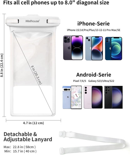 wellhouse Waterproof Phone Pouch, Waterproof Phone Case for iPhone 16 15 14 13 12 Pro Max XS Samsung, IPX8 3D Cellphone Dry Bag Beach Essentials (1 Pack - White8.0, 8 inch)