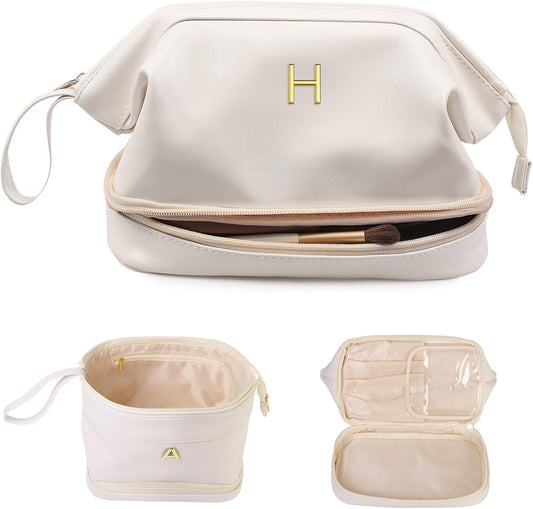 Gifts for Girls, Initial Large Makeup Bag, Personalized Double Layer Cosmetic Bag with Makeup Brush Organizer, PU Leather Travel Toiletry Bag Gift For Daughter, Preppy Things For Girls