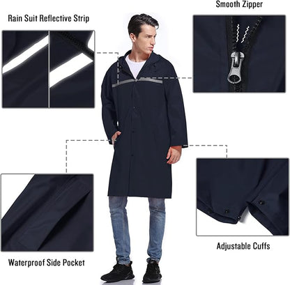 Mens Long Hooded Safety Rain Jacket Waterproof Emergency Raincoat Poncho