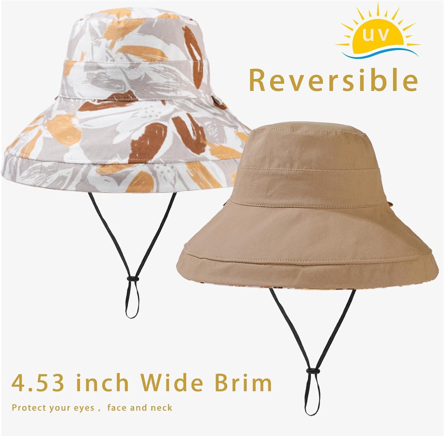 vidsel Womens Sun Hats Wide Brim Reversible Bucket Cotton Hat Packable Summer Travel Cap with Hat Clip,UV Protection