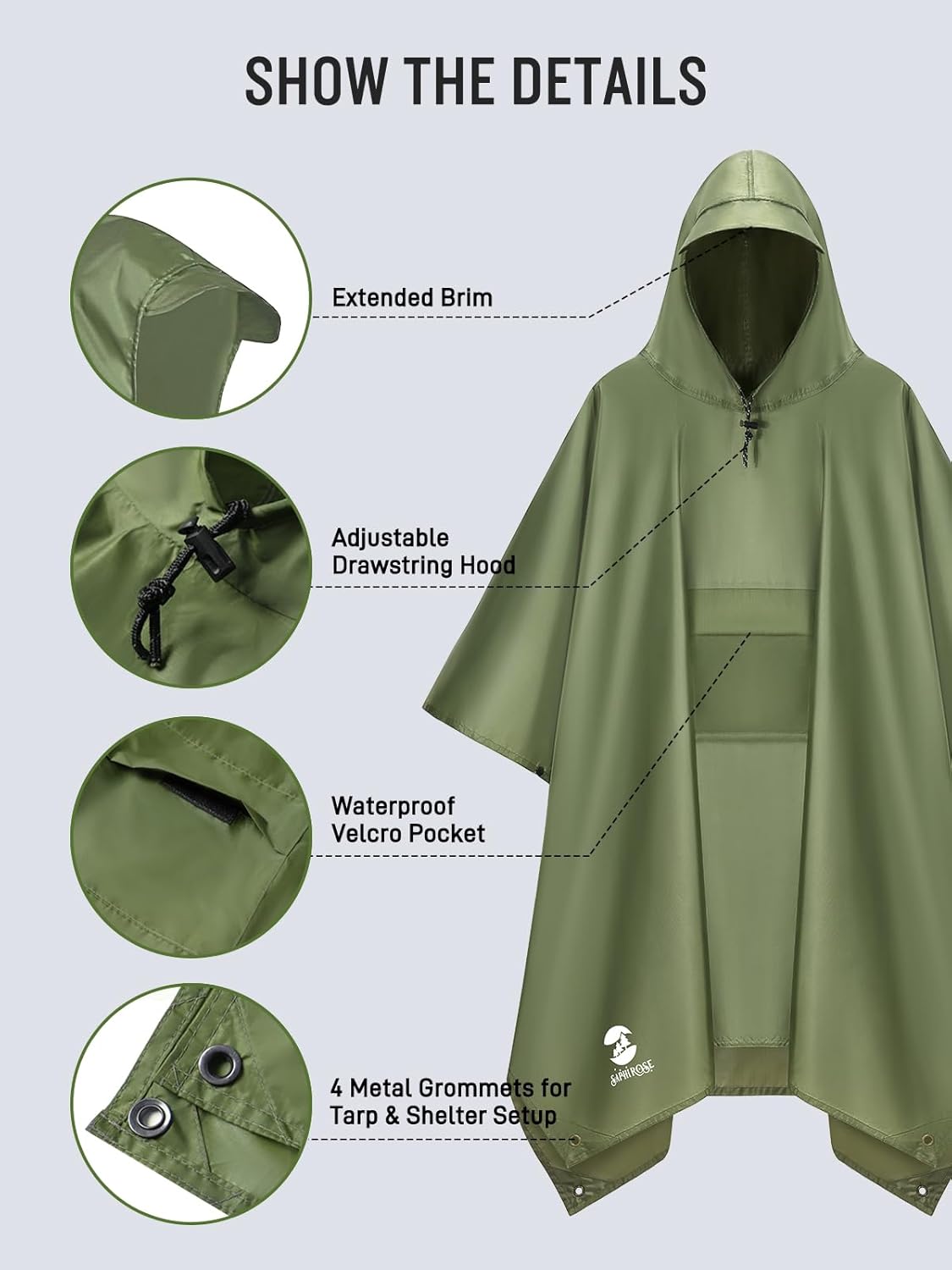 SaphiRose Extra Thick Hooded Rain Poncho Double Layer Waterproof Raincoat Jacket for Men Women Adults