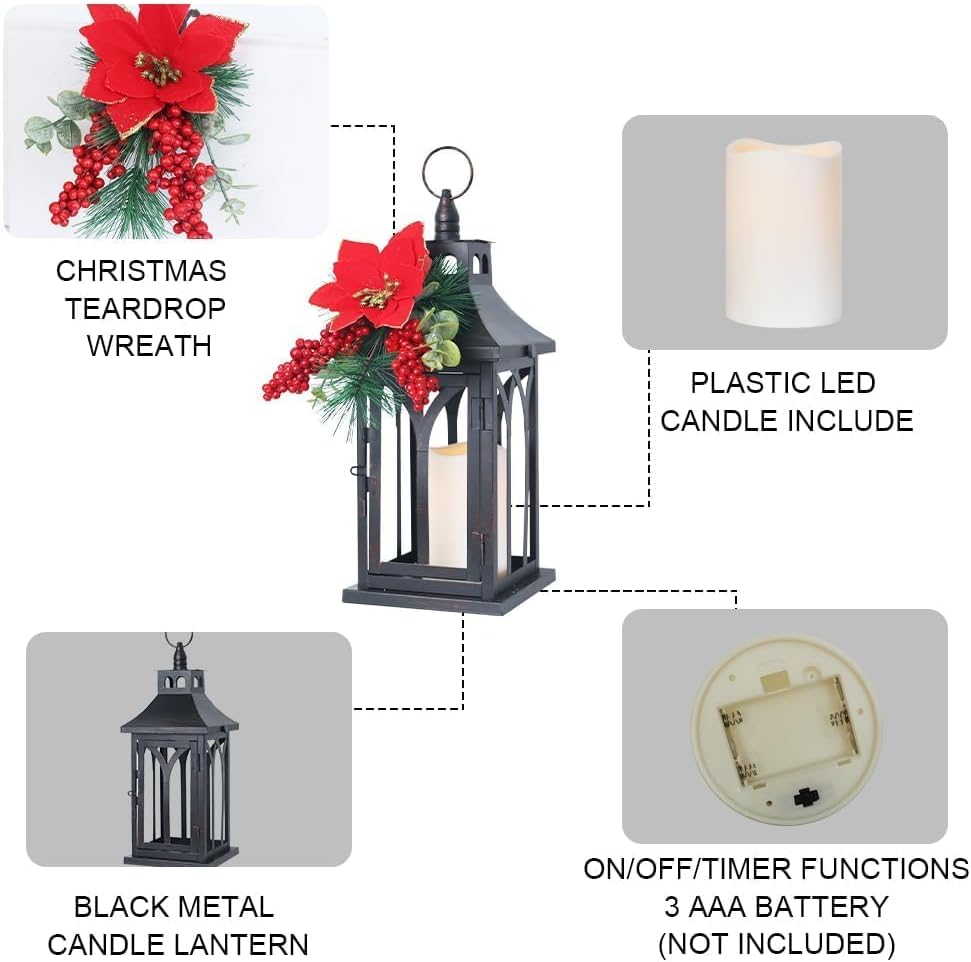 DECORKEY Decorations for Home, Decorative Led Candle Lantern Indoor Outdoor Decor, Metal Hanging Candle Holder with Xmas Teardrop Wreath and LED Candle for Table Centerpieces, Patio (Black)