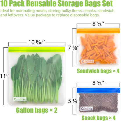 Reusable Food Storage Bags - 10 Pack Freezer Bags, Reusable Bags Silicone, Extra Thick Leakproof Reusable Lunch Bag for Salad Fruit Snack Travel - 2 Gallon 4 Sandwich 4 Snack Bags