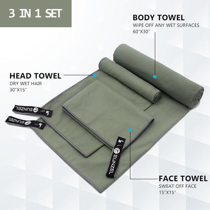 Eunzel 2 Pack Quick Dry Camping Towel, Microfiber Travel Towel 3 Size at 1 Pack,Fast Drying Towel Set for Camping, Beach, Gym, Sports, Yoga & Swimming Pool, Army Green/Orange
