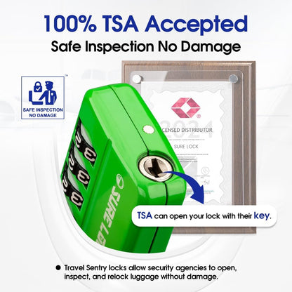 SURE LOCK TSA Approved 4-Digit Resettable Combination Luggage Locks with Open Alert, Easy-Read Dials - for Luggage, School Lockers, Gym, Office, Toolbox & Security Cases(Green 4 Pack)