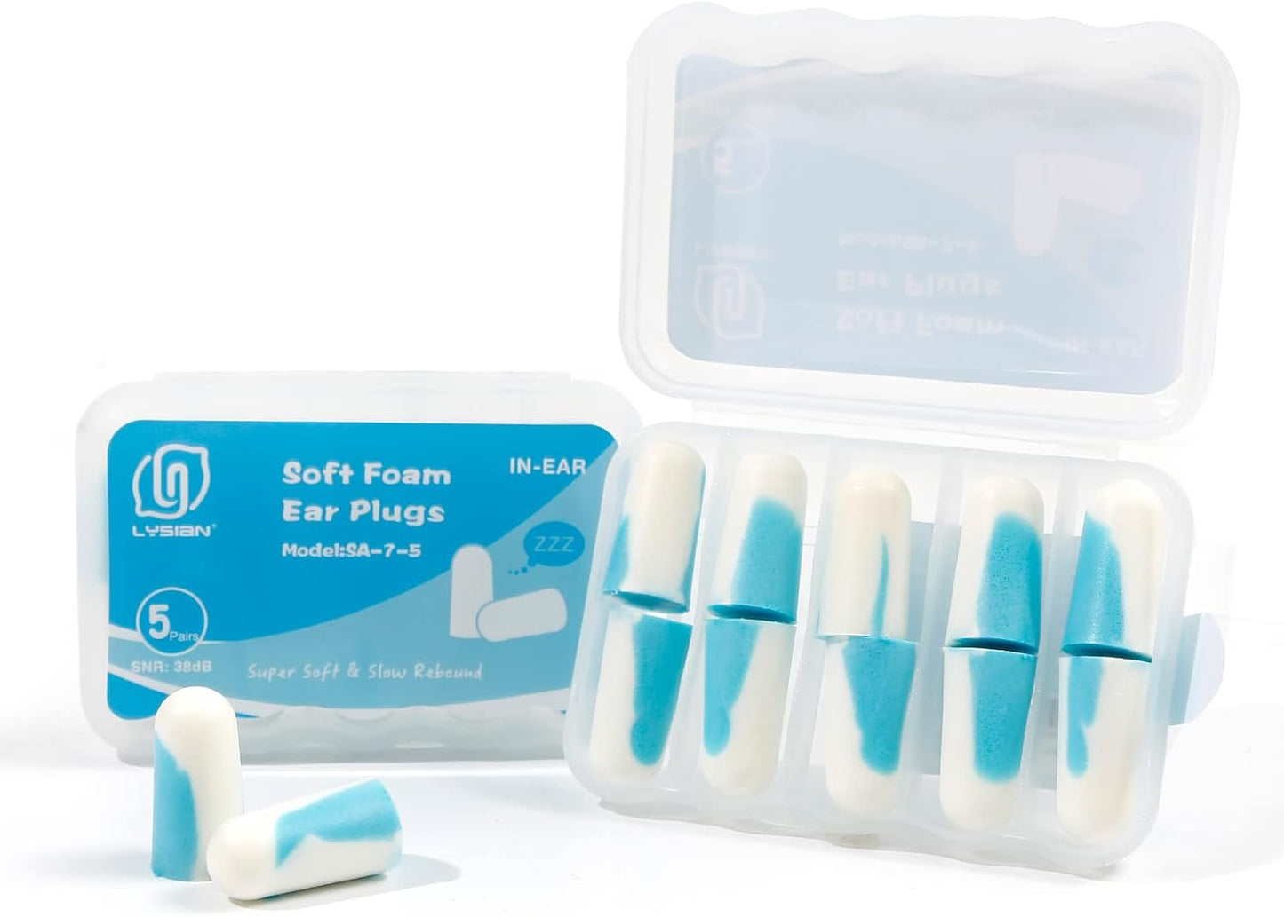 LYSIAN Ultra Soft Foam Earplugs 5 Pairs, 38dB SNR Ear Plugs for Sleeping, Snoring, and Loud Events (Blue/White)