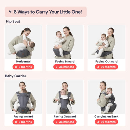 BabbleRoo Grow Carrier – 6-in-1 Baby Carrier with Hip Seat, Ergonomic, Cozy & Adjustable Toddler Carrier 7-50 lbs with Hip & Lumbar Support, Hood for Sun Protection, Newborn to Toddler, Gray