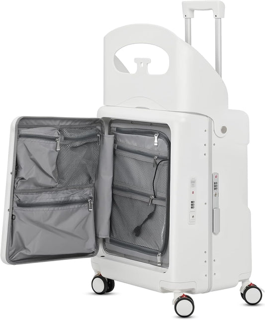 22" Ride On Luggage with Seat for Kids & Adults, Lightweight Hardside Ride-On Suitcase with Front Opening, TSA Lock, 360° Spinner Wheels (Matte White, 22-inch)