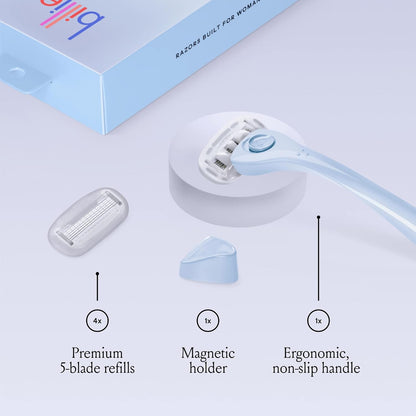 Billie Razors for Women Shave Kit with Women’s Razor, 4 x 5-Blade Razor Refills, Magnetic Holder - Cool Blue and Malibu
