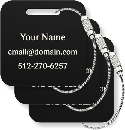 Custom Metal Luggage Tags (3 or 6 Pack) - Personalized Unique Suitcase & Backpack Travel, Durable, Waterproof & Heavy Duty (Black)