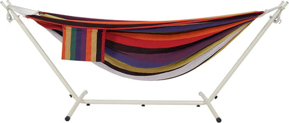 LazyDaze Hammocks Double Hammock with Stand - 2 Person Heavy Duty Outdoor Hammock for Adults, Includes Durable Steel Stand, Portable Carrying Bag and Pillow, Red Purple