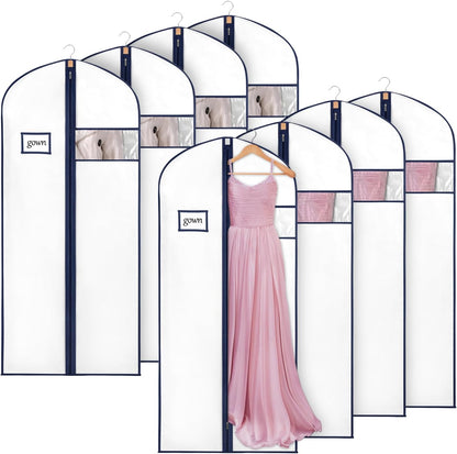 Syeeiex 60'' Garment Bags for Hanging Clothes, Set of 8 Dress Bags for Gowns, Dress Garment Bags for Gowns,Evening Dresses,Fur Coat,Long Dress(White & Dark Blue)