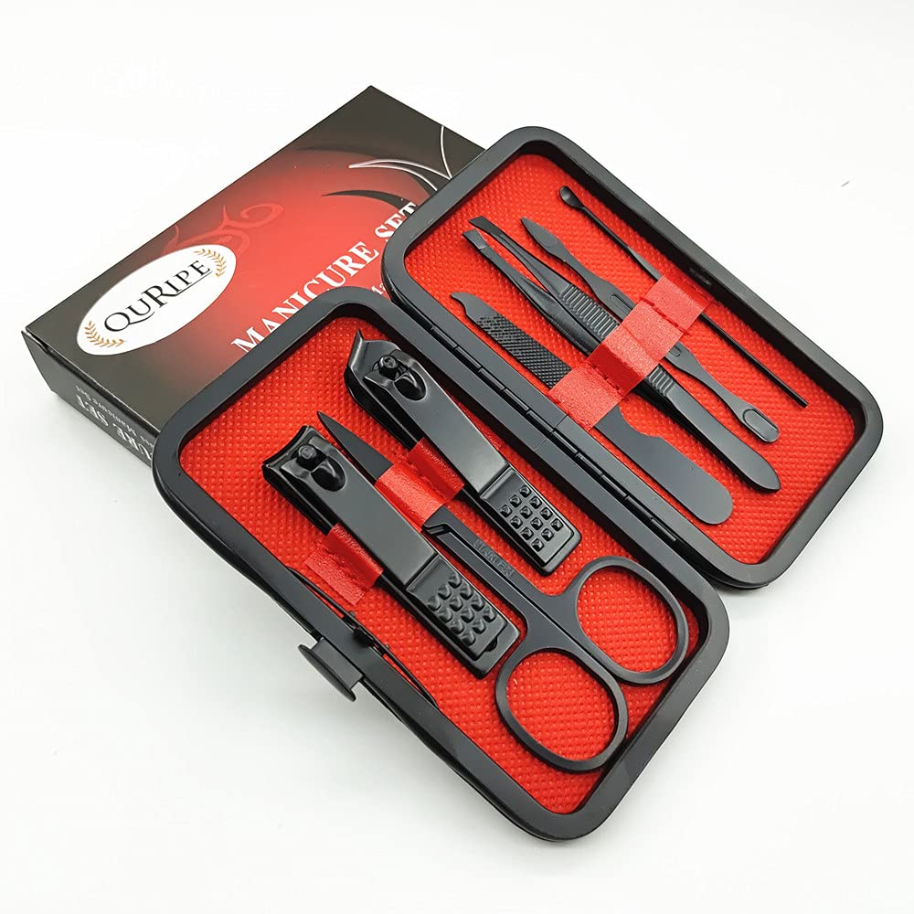 7pcs Manicure set, Nail Clippers Kit, Stainless Steel Manicure Kit, Nail Clipping Tools Portable Travel Grooming Kit, The Best Gift with Luxurious Case (Black-7)